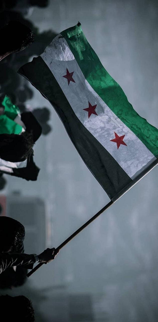 Syria 桌布 壁紙 — 一面破舊的敘利亞國旗帶有紅色星星，在煙霧瀰漫的灰色背景下挑釁地飄揚，剪影的手握著旗桿。