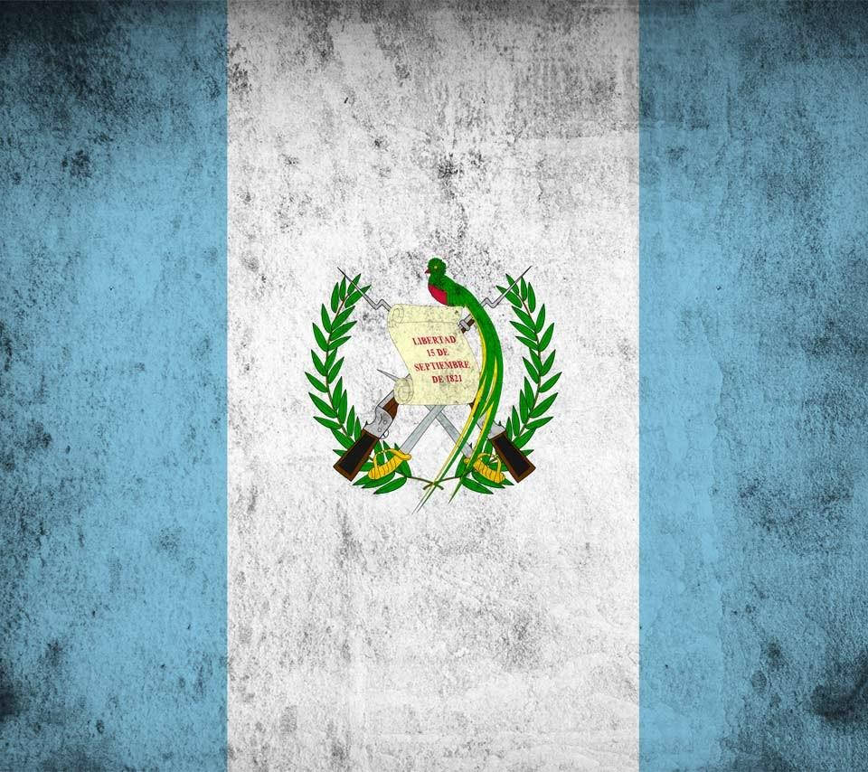 Guatemala 桌布 壁紙 — 一面破舊的瓜地馬拉國旗，有藍白條紋，中央有包含格查爾鳥和交叉步槍的盾徽。
