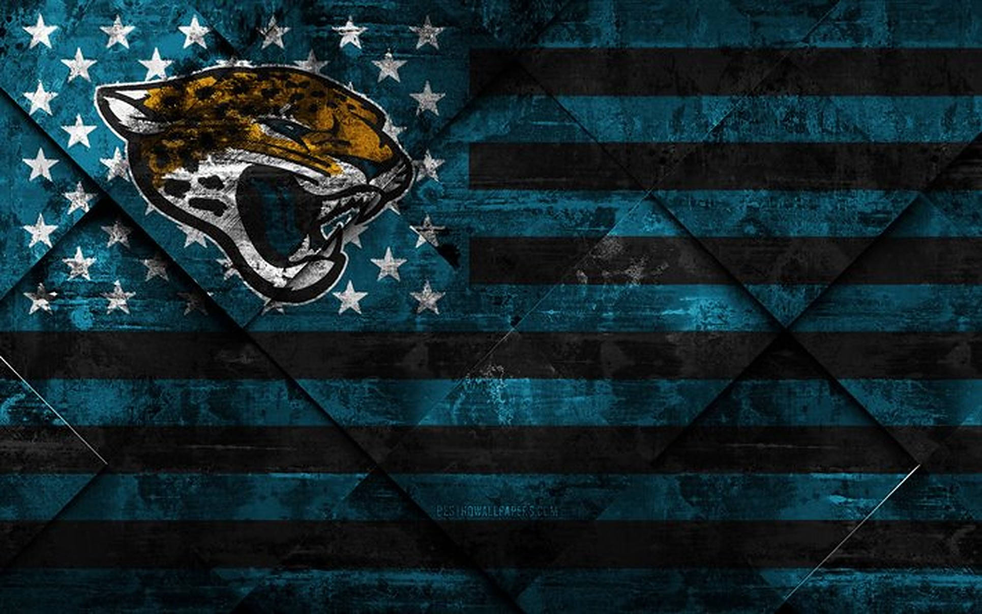 Jaguars 桌布 壁紙 — 一面破舊的美國國旗，帶有青綠色和黑色條紋及星星，左上角有一個咆哮的美洲豹標誌。