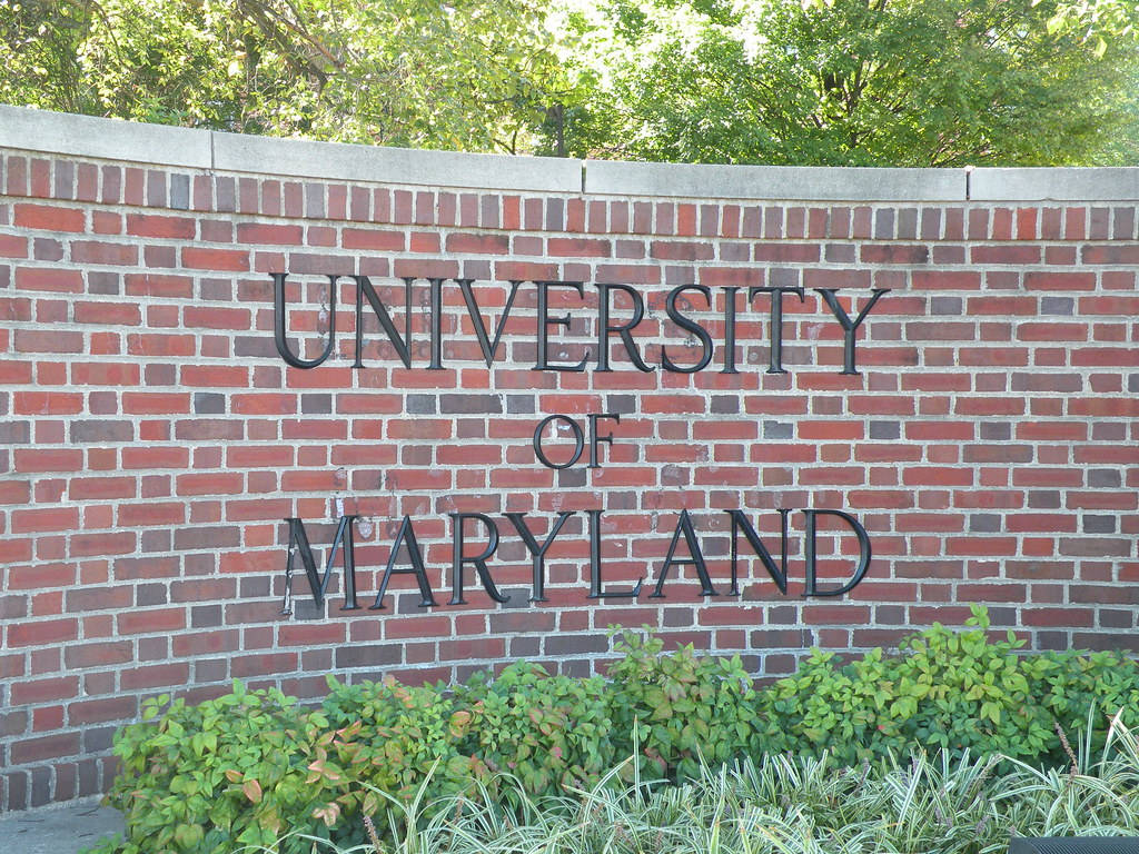 美國 桌布 壁紙 — 一面磚牆，上面有黑色金屬字母 'UNIVERSITY OF MARYLAND'，周圍環繞著綠色灌木和樹木，在明亮的日光下。