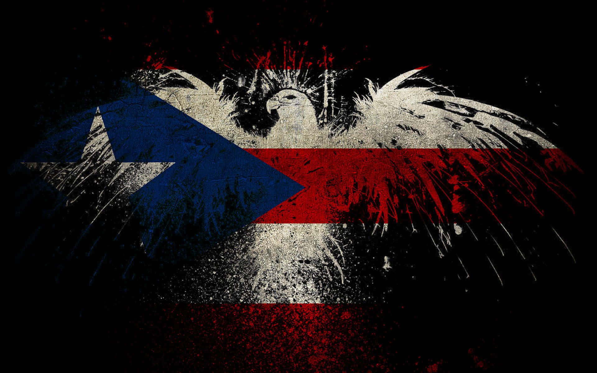Puerto Rican 桌布 壁紙 — 一面粗糙的波多黎各旗幟，上面疊加了一隻戴皇冠的鷹，背景為黑色並帶有飛濺效果。