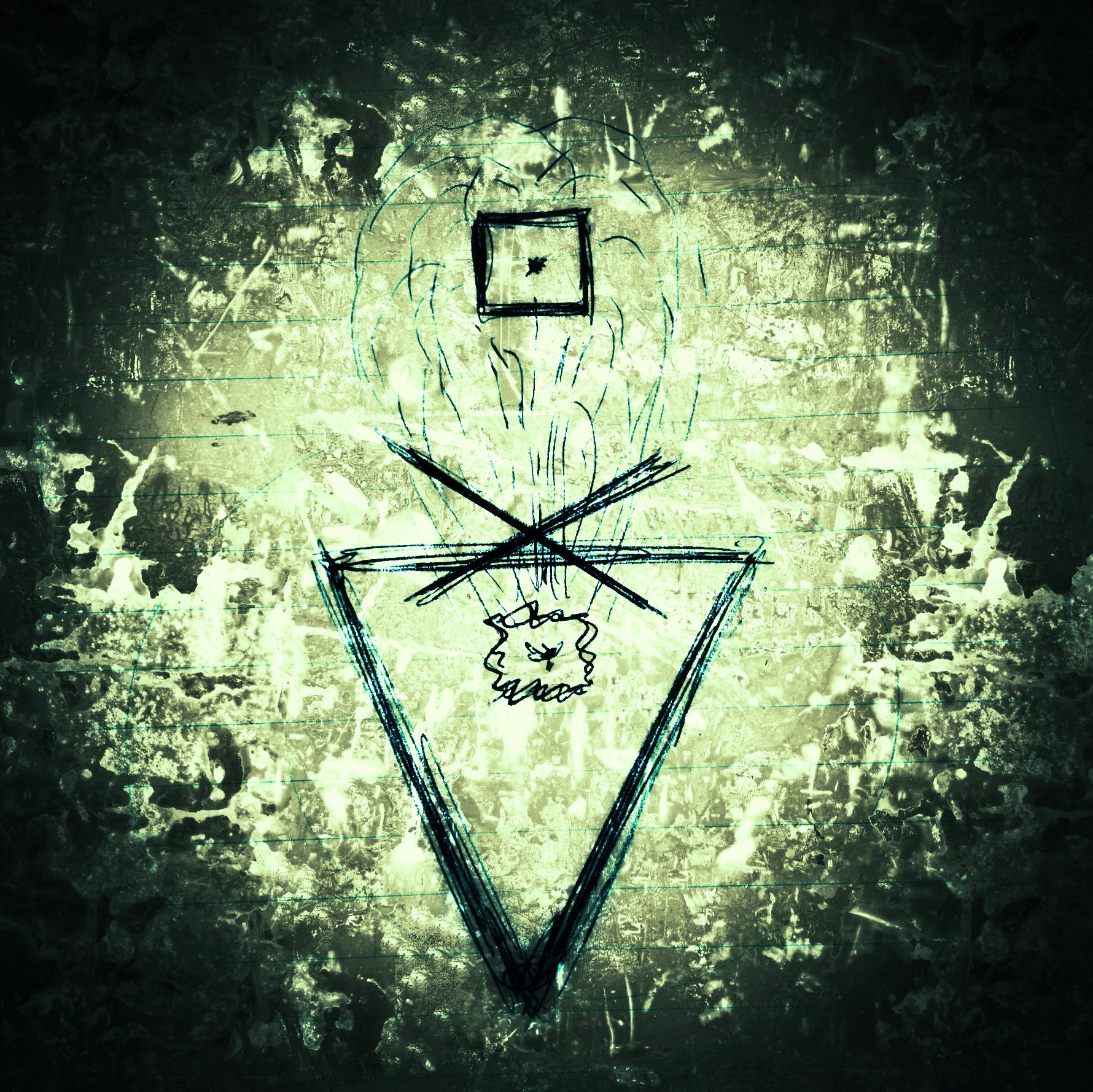 Egocentric 桌布 壁紙 — 一面粗糙的綠色牆壁上有一個粗糙的倒三角形，帶有交叉線條，上方有一個正方形，表面有刮痕和污垢層。