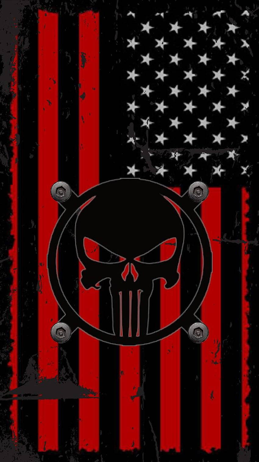Punisher Skull 桌布 壁紙 — 一面粗糙的美國國旗，帶有紅色條紋和星星，上面覆蓋著一個用螺栓固定的黑色骷髏標誌。