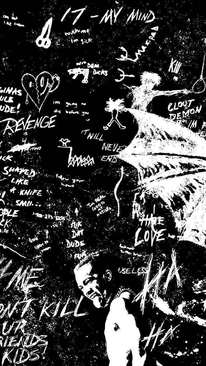 XXXTENTACION 桌布 壁紙 — 一面粗糙的黑白塗鴉牆，上面有混亂的手寫標籤和粗糙的繪畫，包括一個尖叫的人物和惡魔圖像。
