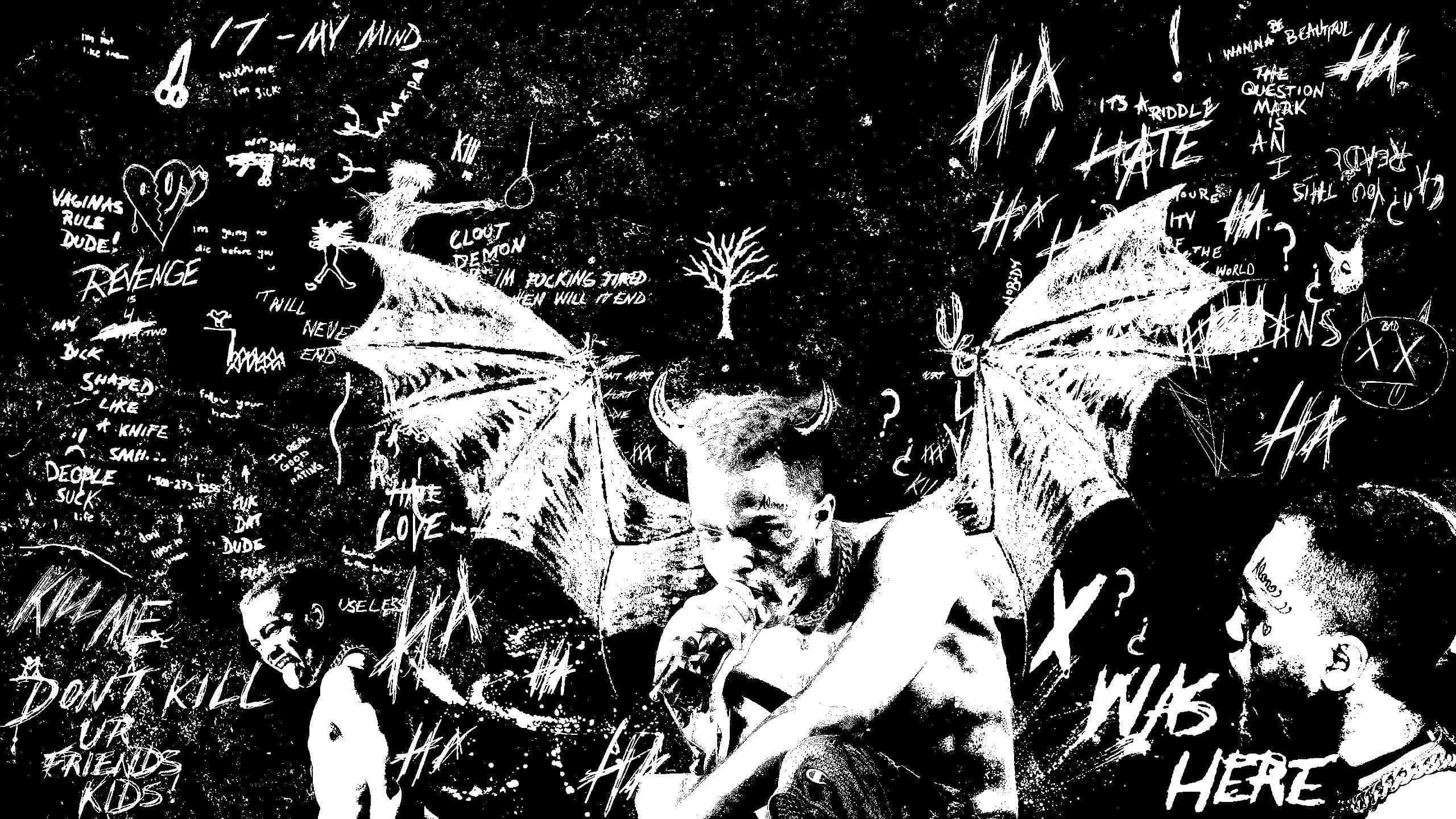 XXXTENTACION 桌布 壁紙 — 一面粗糙的黑白塗鴉牆，充滿混亂的塗鴉、惡魔形象和強烈的手寫短語，呈現原始的城市衰敗風格。