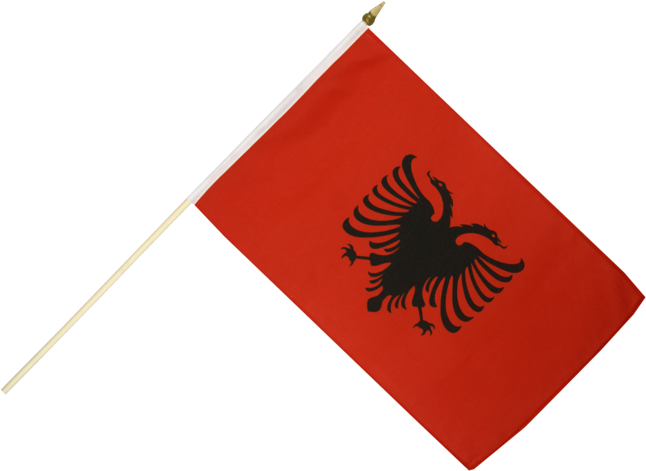 Albania 桌布 壁紙 — 一面紅色阿爾巴尼亞國旗，白色旗桿側有黑色雙頭鷹，背景為純黑色。