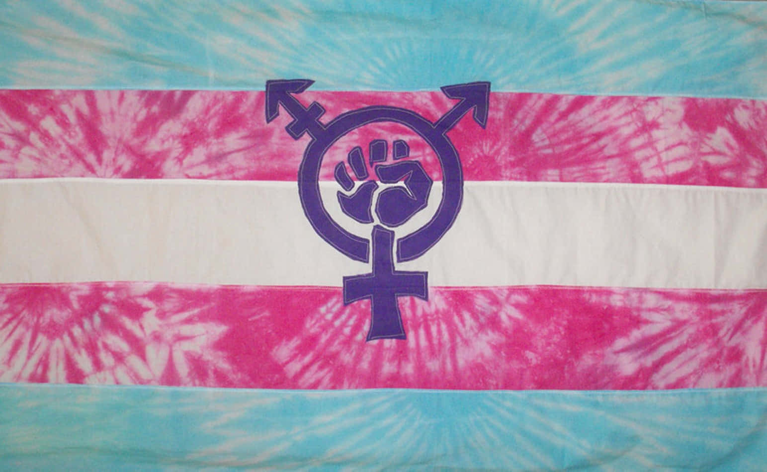 transgender 桌布 壁紙 — 一面紮染跨性別驕傲旗，帶有粉紅、白色和藍色條紋，白色條紋中央有一個紫色拳頭符號。
