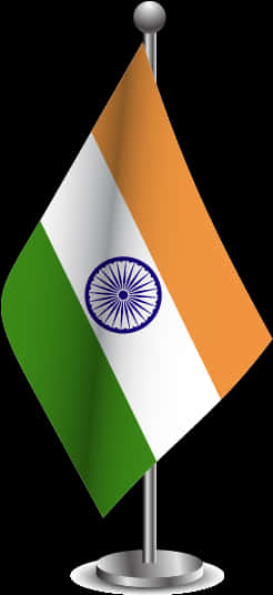 India Flag 桌布 壁紙 — 一面細小的印度國旗，帶有藏紅花、白色和綠色條紋以及藍色阿育王法輪，在黑色背景的銀色旗杆上飄揚。