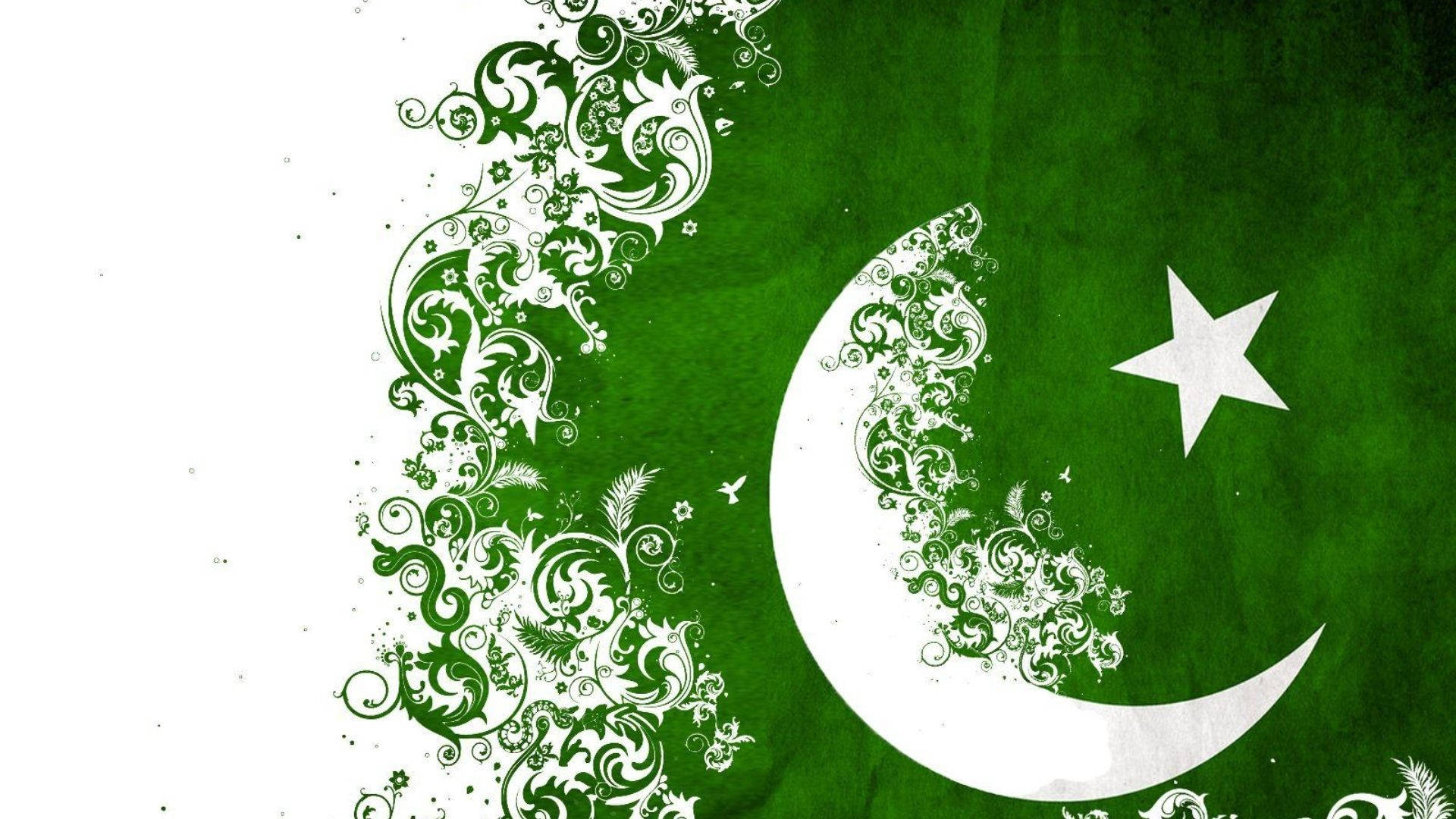 Pakistan 桌布 壁紙 — 一面綠色紋理的巴基斯坦國旗，帶有白色新月和星星，飾有從左側流出的複雜白色花卉圖案。