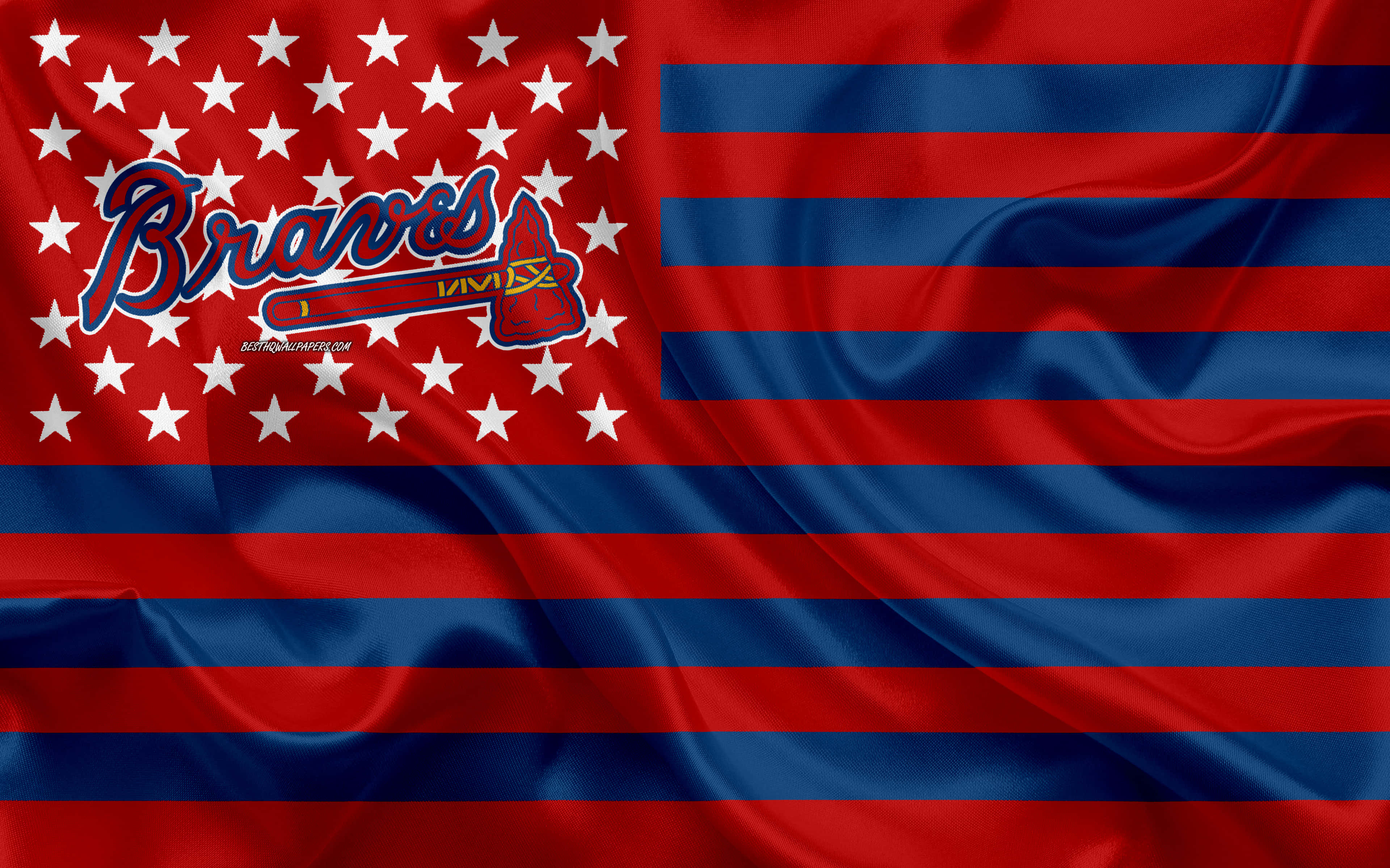 Atlanta Braves Desktop 桌布 壁紙 — 一面緞面旗幟，帶有紅色和藍色條紋及白色星星，旗幟左上角有亞特蘭大勇士隊標誌。