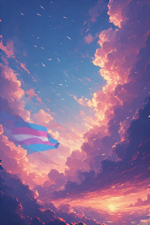 Transgender Flag Clouds at Dawn 壁紙 — 一面跨性別驕傲旗幟在充滿粉紅、橙色和藍色雲朵及飛鳥的 vibrant 日落天空中飄揚。
