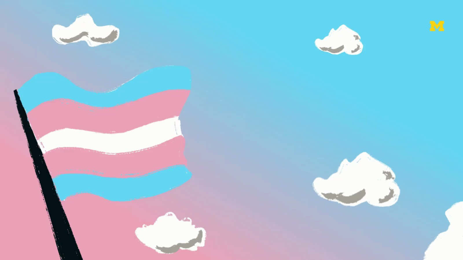 trans 桌布 壁紙 — 一面跨性別驕傲旗幟在柔和漸變的天空和蓬鬆雲朵中勇敢飄揚。