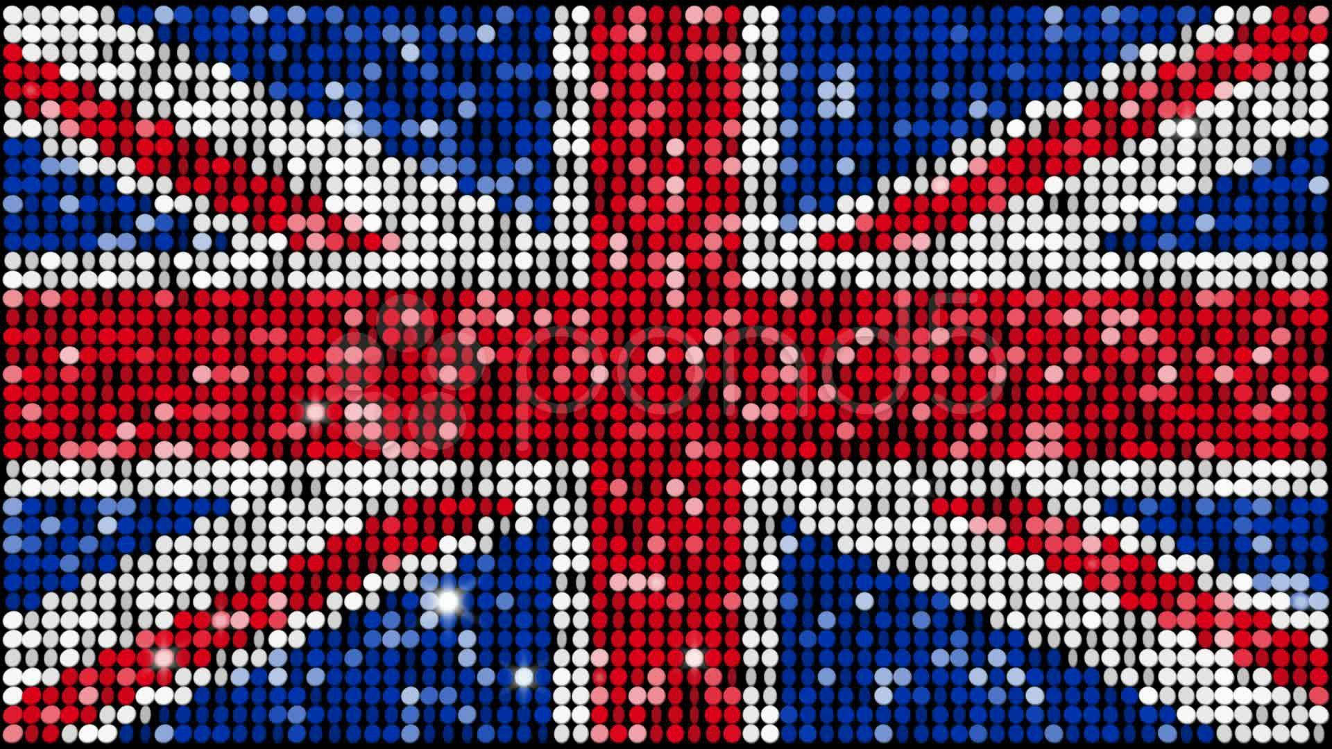 United Kingdom Flag 桌布 壁紙 — 一面閃爍的英國國旗以充滿活力的像素化點狀馬賽克呈現，帶有閃閃發光的亮片狀點點。