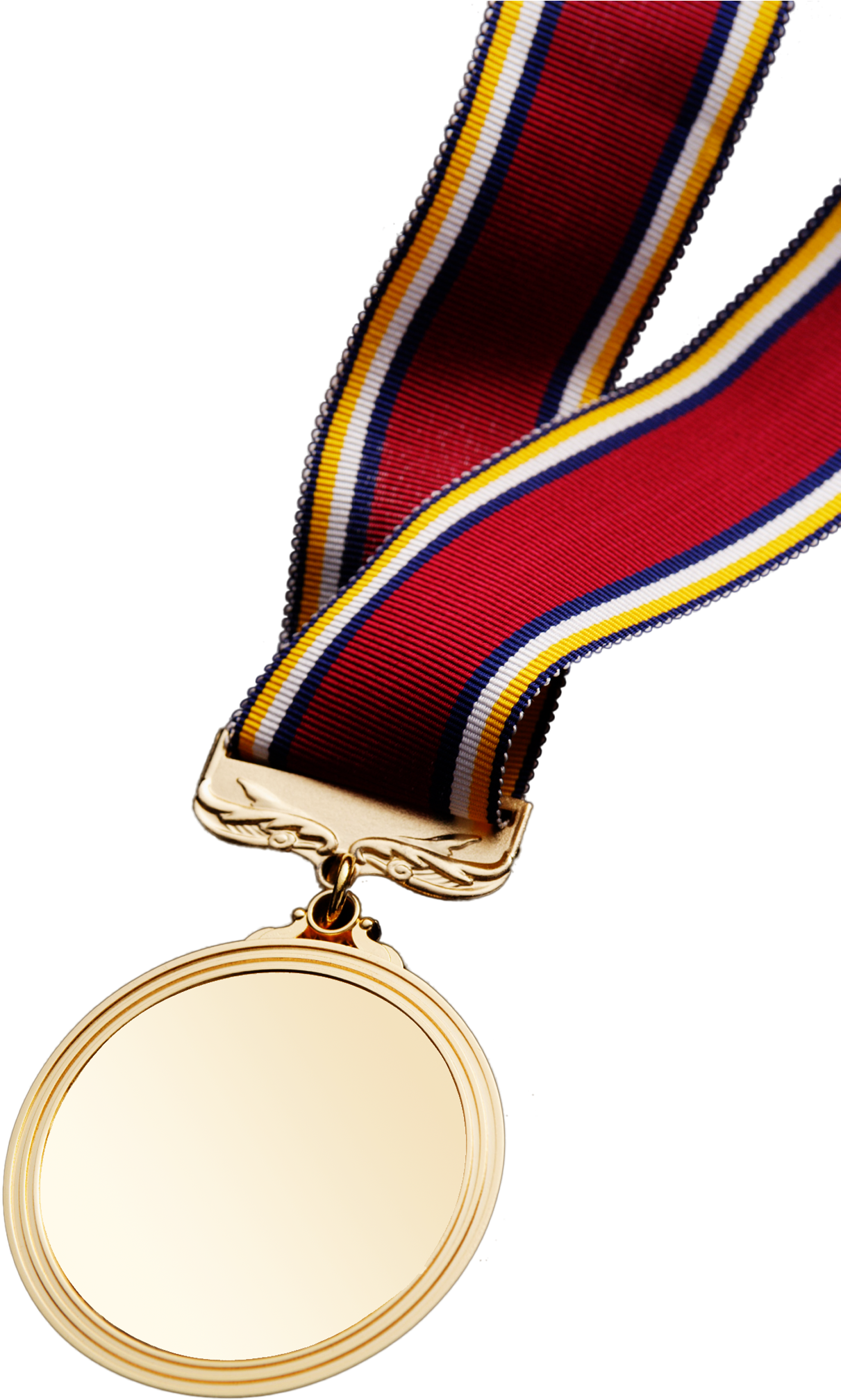 Gold Medal 桌布 壁紙 — 一面閃閃發光的金牌掛在紅、藍、黃三色條紋絲帶上，背景為純黑色。