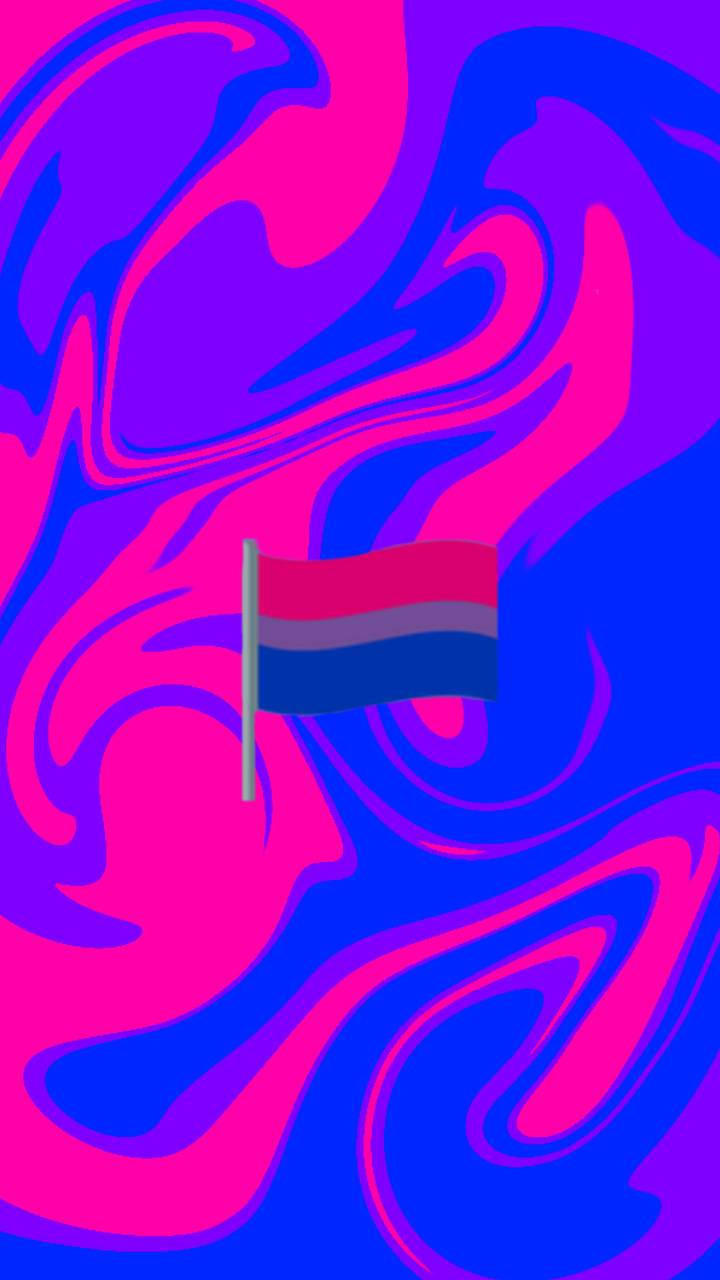 Bisexual Flag 桌布 壁紙 — 一面雙性戀旗幟在旋轉的鮮豔粉紅色和藍色抽象背景中飄揚。