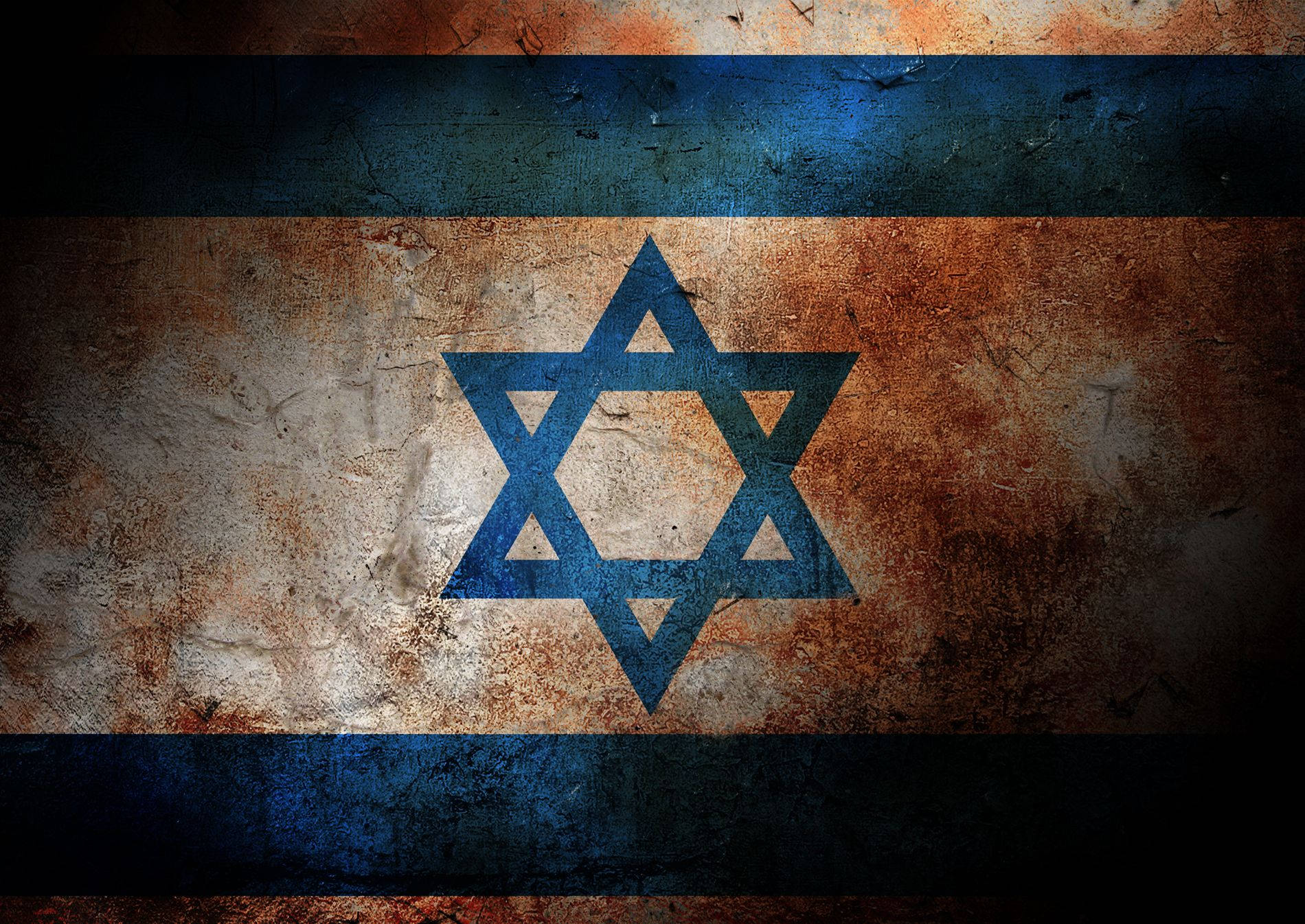 Israel Flag 桌布 壁紙 — 一面風化且帶有紋理的以色列國旗，藍色大衛之星居中於白色和藍色條紋上。