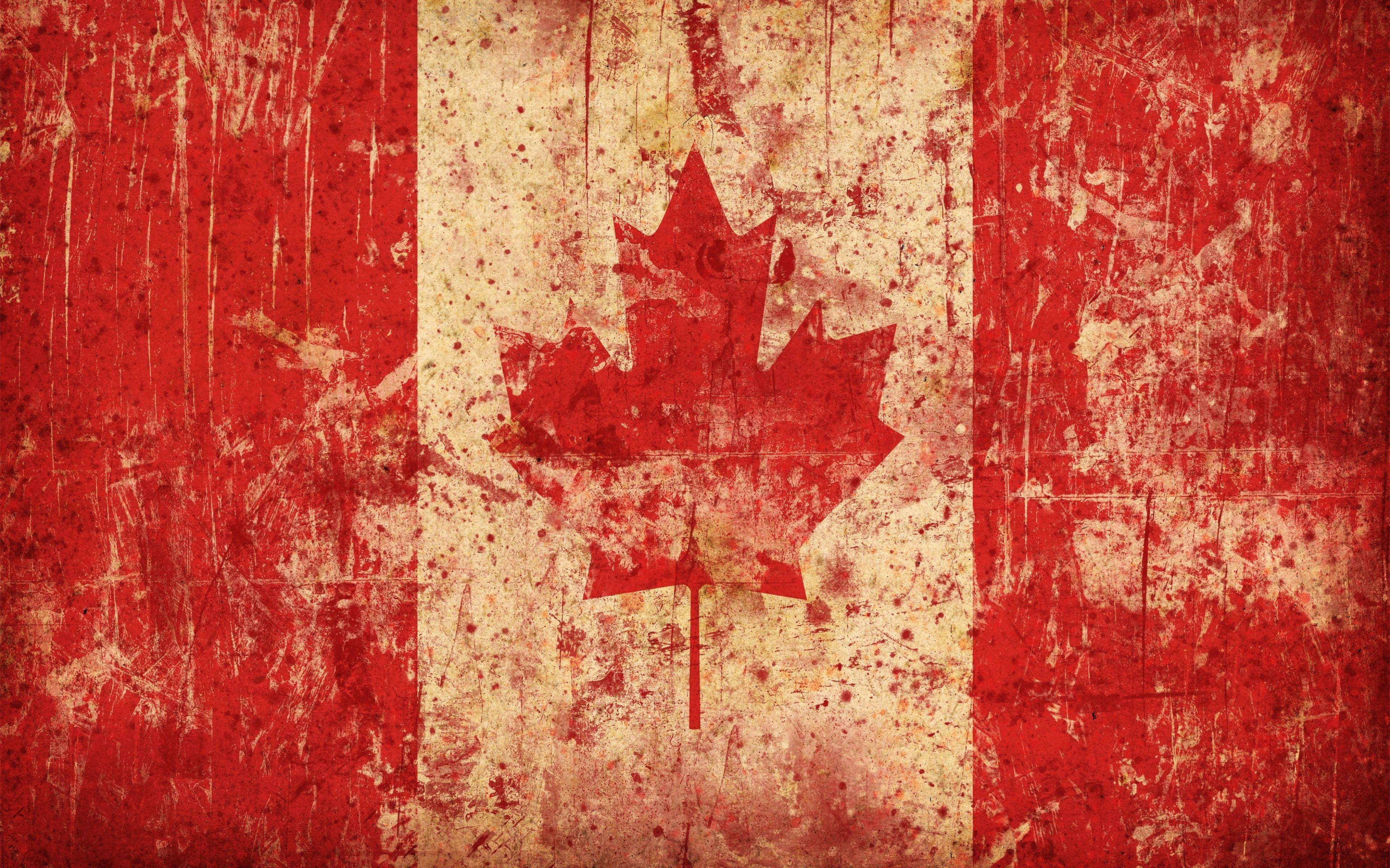 Canada Flag 桌布 壁紙 — 一面風化的加拿大國旗，紅白相間，中央的楓葉在刮痕和油漆飛濺中顯現。