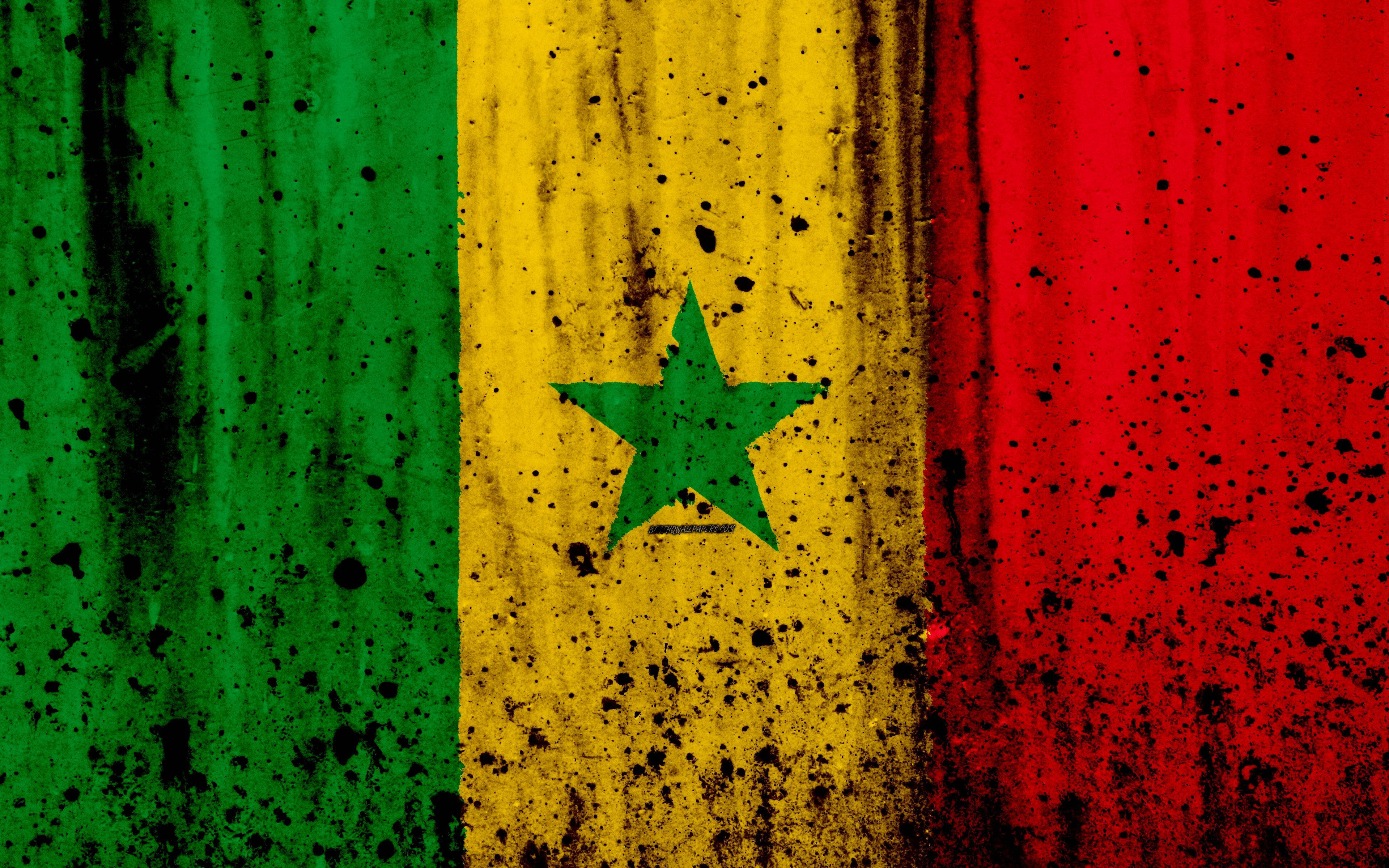 Senegal 桌布 壁紙 — 一面風化的塞內加爾國旗，帶有綠色、黃色和紅色的垂直條紋，中央有一顆綠色星星，濺滿黑色污垢。