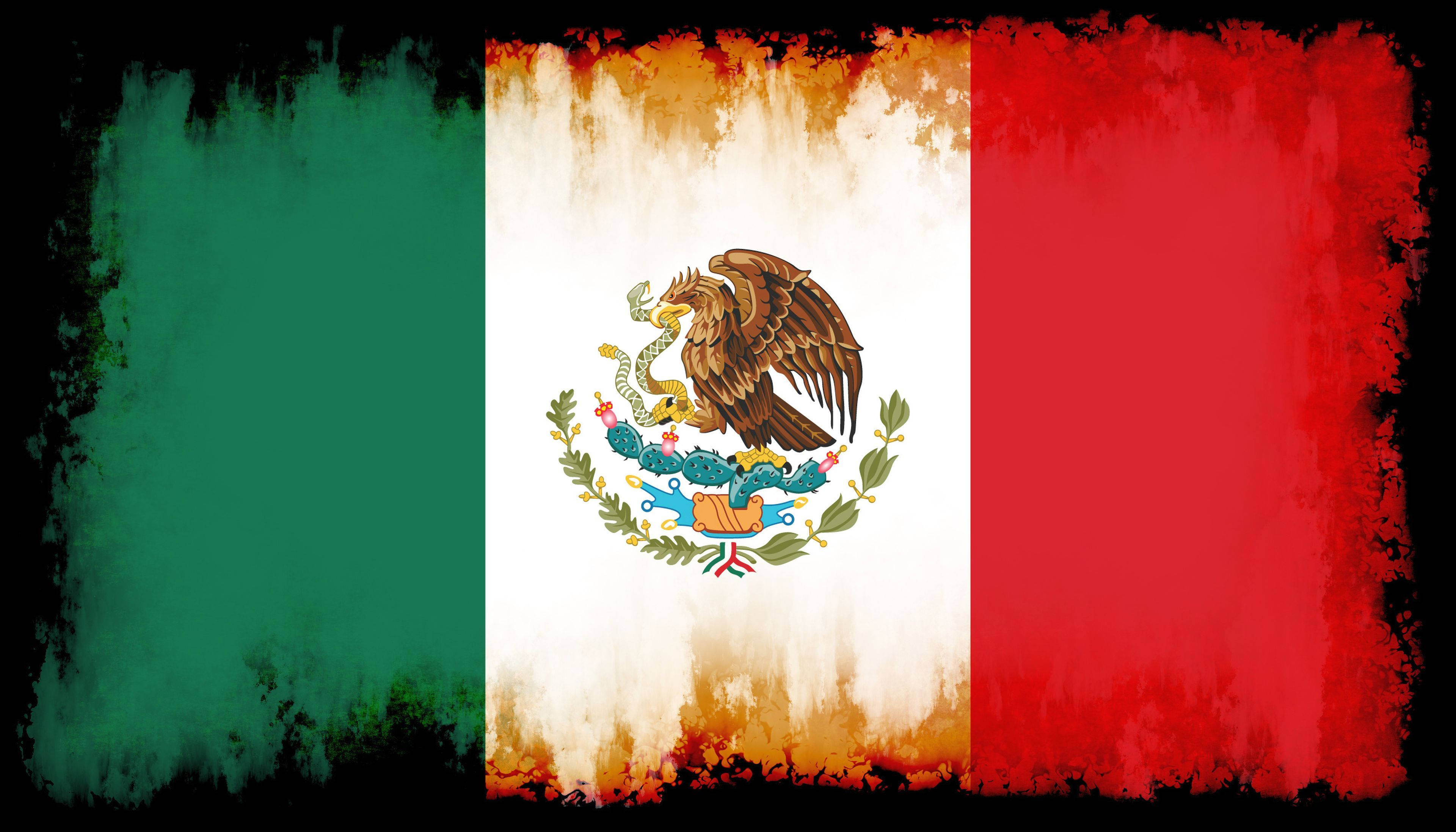 Mexican 桌布 壁紙 — 一面風化的墨西哥國旗，帶有綠色、白色和紅色條紋，中央有一隻鷹在仙人掌上吞噬蛇。