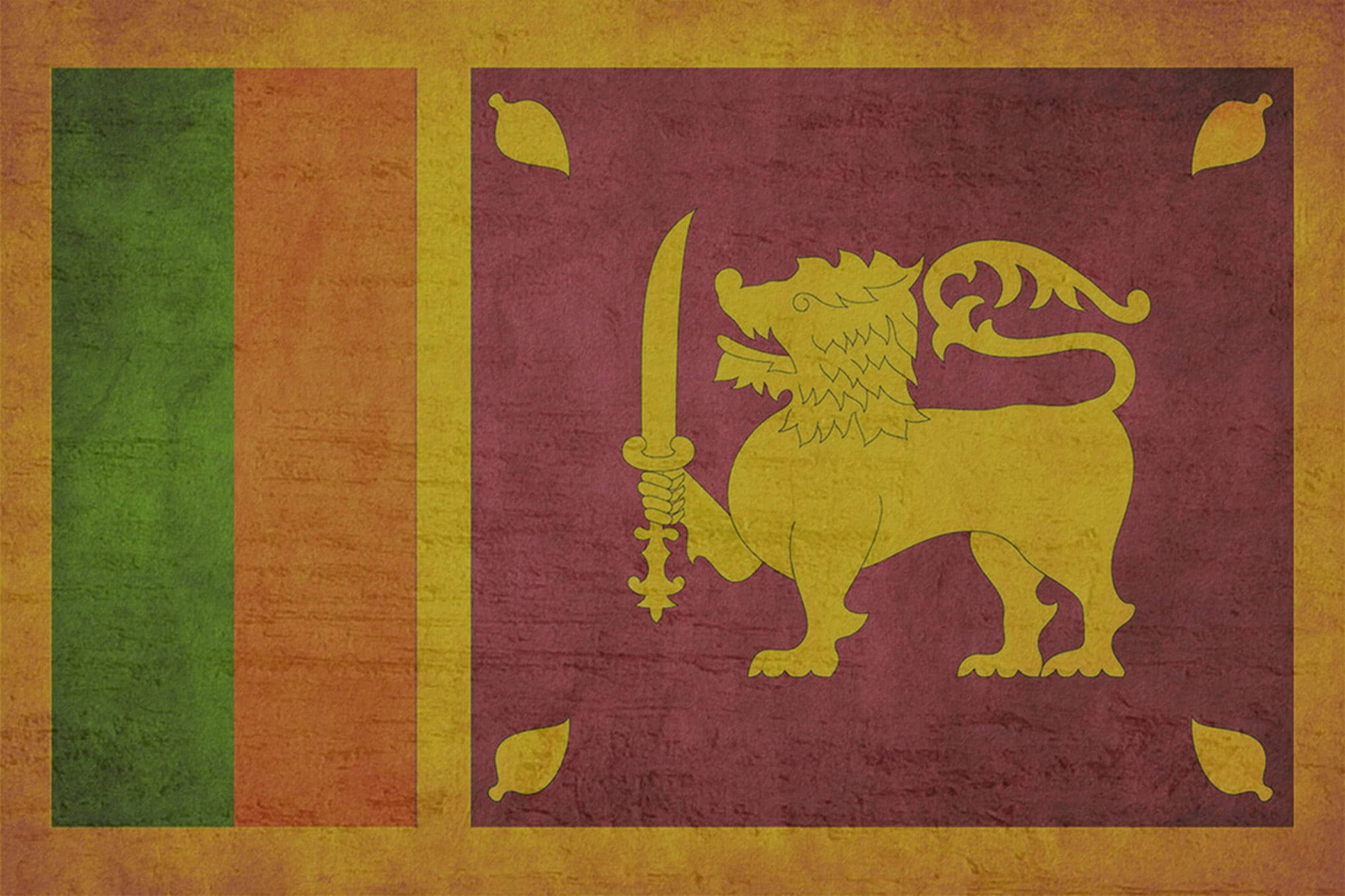 Sri Lanka 桌布 壁紙 — 一面風化的斯里蘭卡國旗，栗色底色上有一隻持劍的金色獅子，兩側有綠色和橙色條紋。