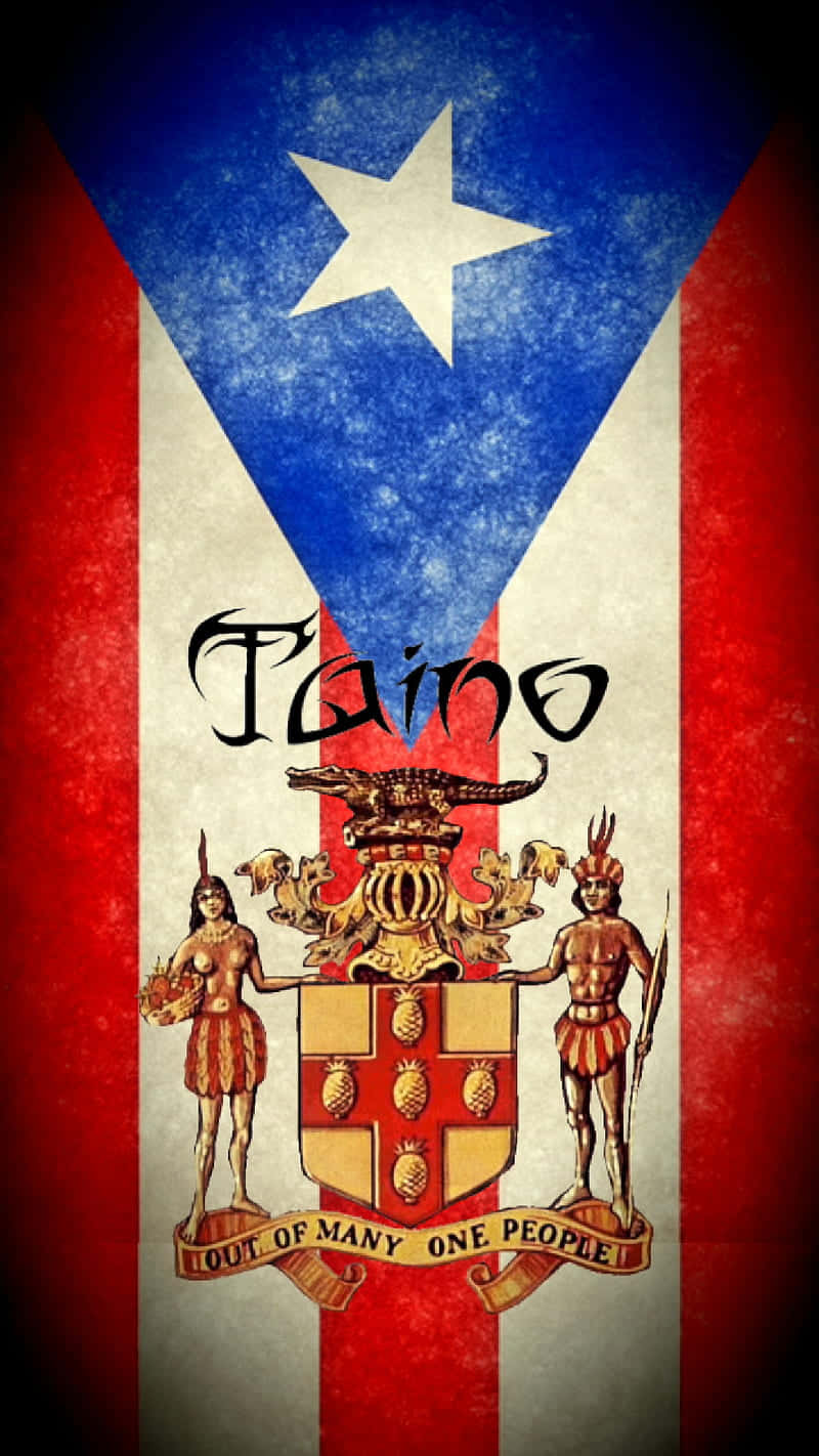 Puerto Rican 桌布 壁紙 — 一面風化的波多黎各旗幟，中央有盾徽，兩側有兩個原住民人物，盾牌上裝飾著鳳梨和Taino字樣。