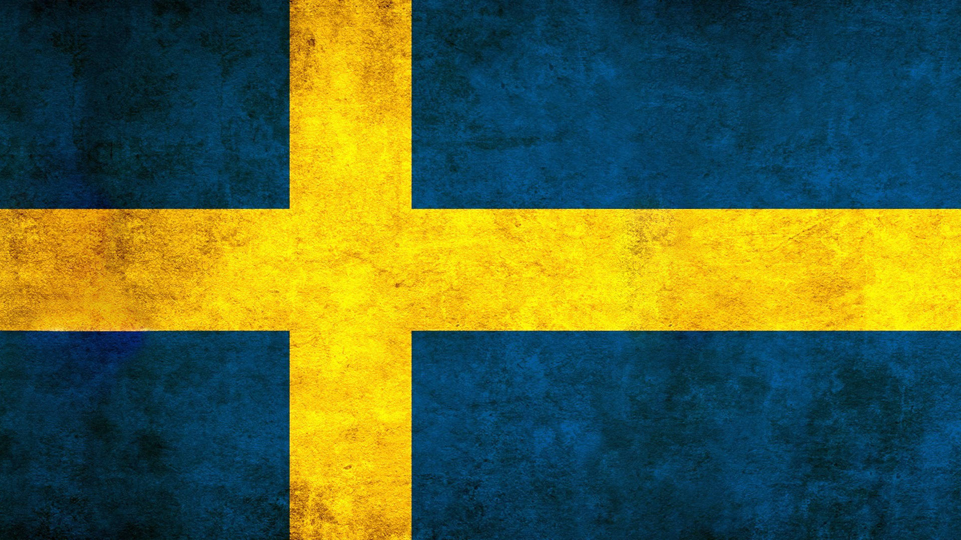Sweden 桌布 壁紙 — 一面風化的瑞典國旗，在深藍色背景上帶有醒目的黃色十字，呈現紋理化的垃圾搖滾效果。
