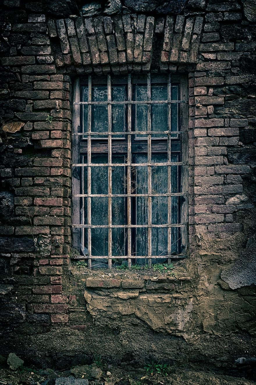 window 桌布 壁紙 — 一面風化的磚牆上有一扇帶欄杆的窗戶，在昏暗的光線下，苔蘚般的綠色植物在窗底攀爬。