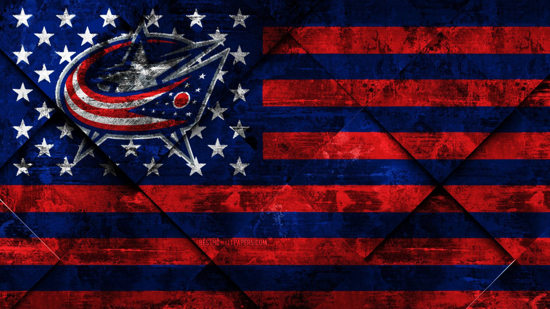 Columbus Blue Jackets 桌布 壁紙 — 一面風化的美國國旗，上面疊加了哥倫布藍夾克的標誌，覆蓋在星條之上。