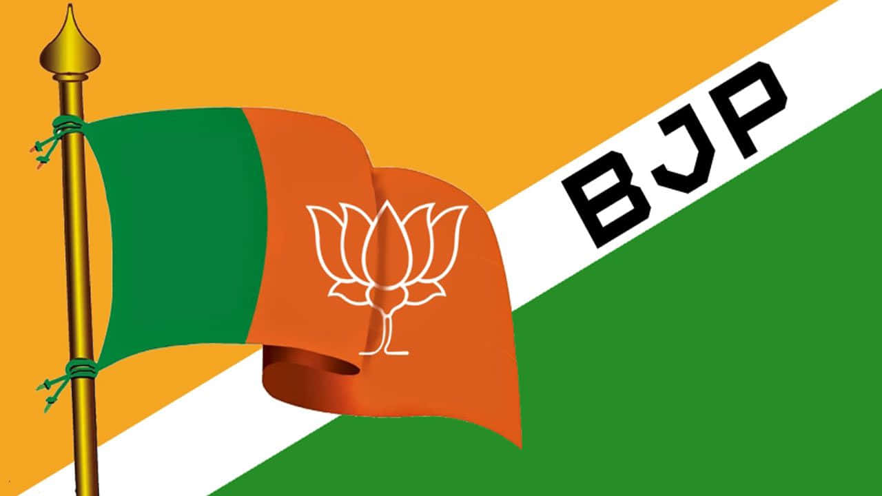 Bjp 桌布 壁紙 — 一面風格化的BJP旗幟，帶有白色蓮花標誌，在藏紅花、白色和綠色的三色背景上飄揚。