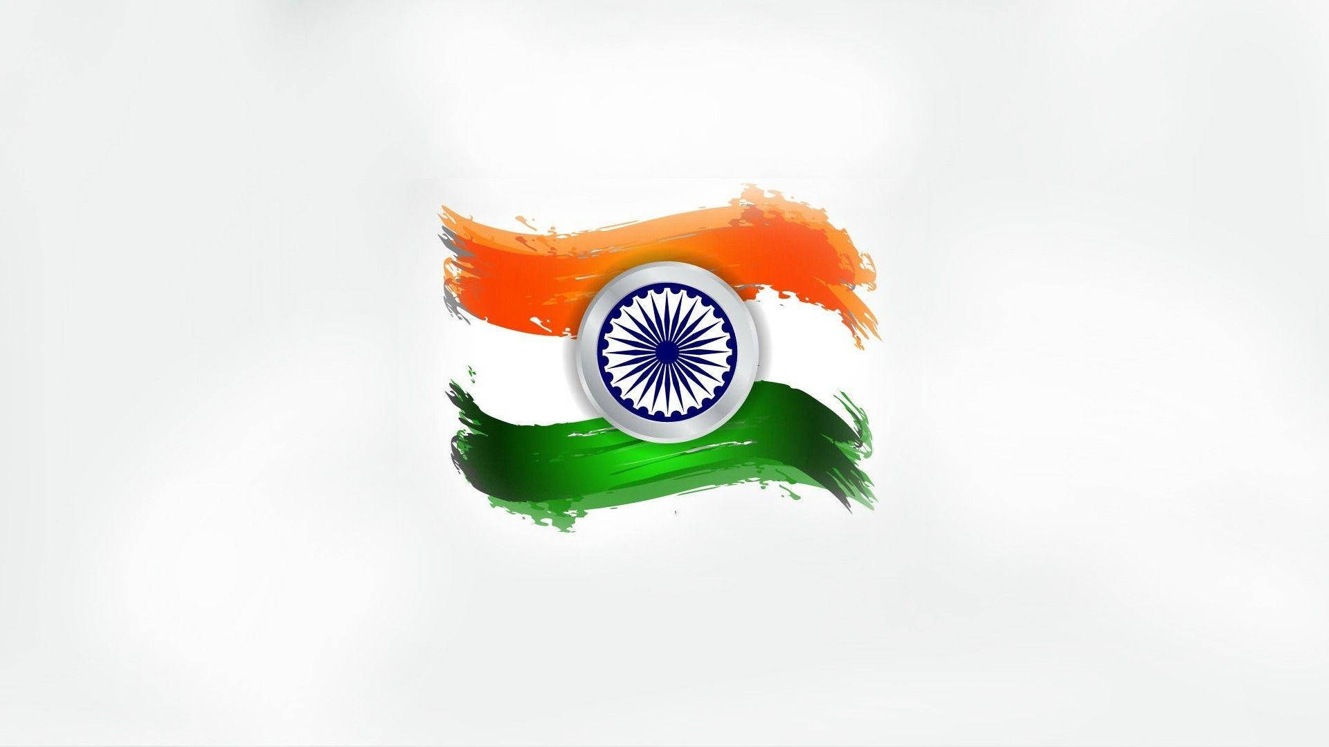 Indian 桌布 壁紙 — 一面風格化的印度國旗，帶有橙色和綠色的筆觸，中央是白色背景上的藍色阿育王法輪。