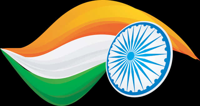 India Flag 桌布 壁紙 — 一面風格化的印度國旗在黑色背景上動態飄揚，帶有藏紅花、白色和綠色條紋，以及居中的藍色阿育王法輪。