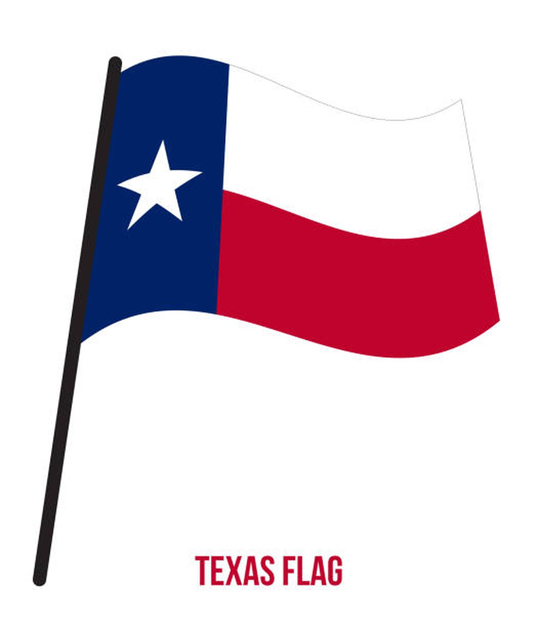 Texas Flag 桌布 壁紙 — 一面風格化的德州旗幟，帶有藍色、白色和紅色，在黑色旗桿上飄揚，背景為純白色。