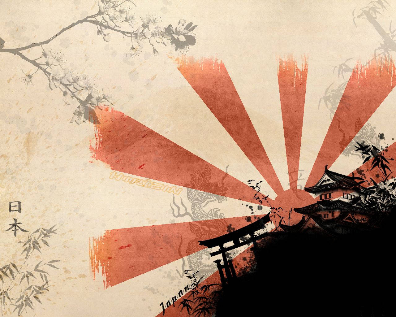 日本武士 桌布 壁紙 — 一面風格化的日本國旗在傳統建築和櫻花後方，於有紋理的羊皮紙上散發光芒。