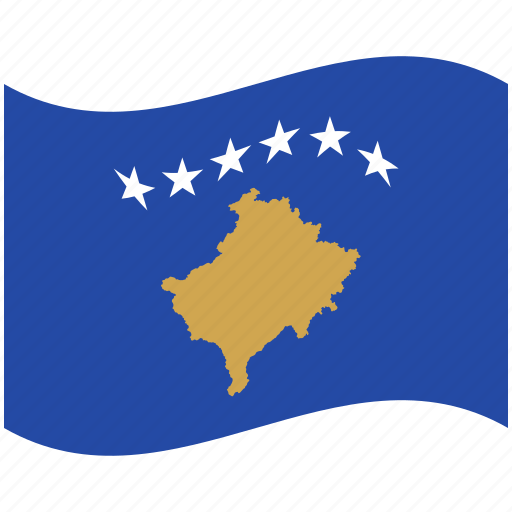 Kosovo 桌布 壁紙 — 一面風格化的科索沃飄揚旗幟，藍色旗面上有金色地圖和六顆白色星星，背景為黑色斜紋。