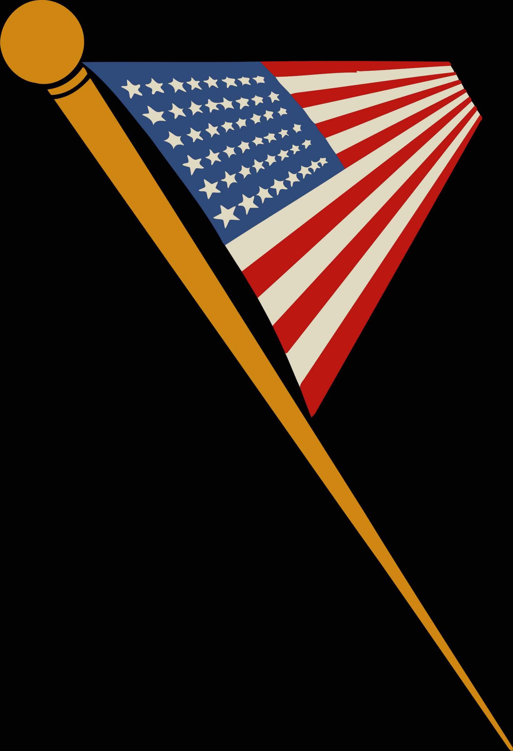 USA Flag 桌布 壁紙 — 一面風格化的美國國旗，斜掛在金色旗桿上，背景為純黑色。