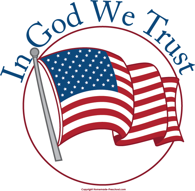 trust 桌布 壁紙 — 一面風格化的美國國旗在藍色「In God We Trust」字樣環繞的紅色圓圈內自豪地飄揚。