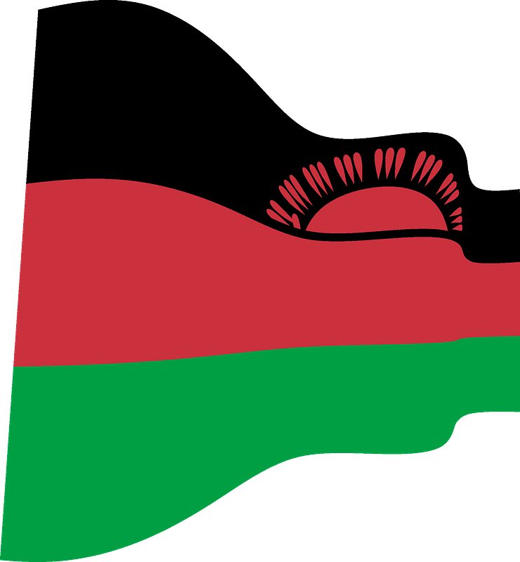 Malawi 桌布 壁紙 — 一面風格化的馬拉威飄揚旗幟，帶有黑色、紅色和綠色條紋以及紅色太陽標誌，背景為灰色。