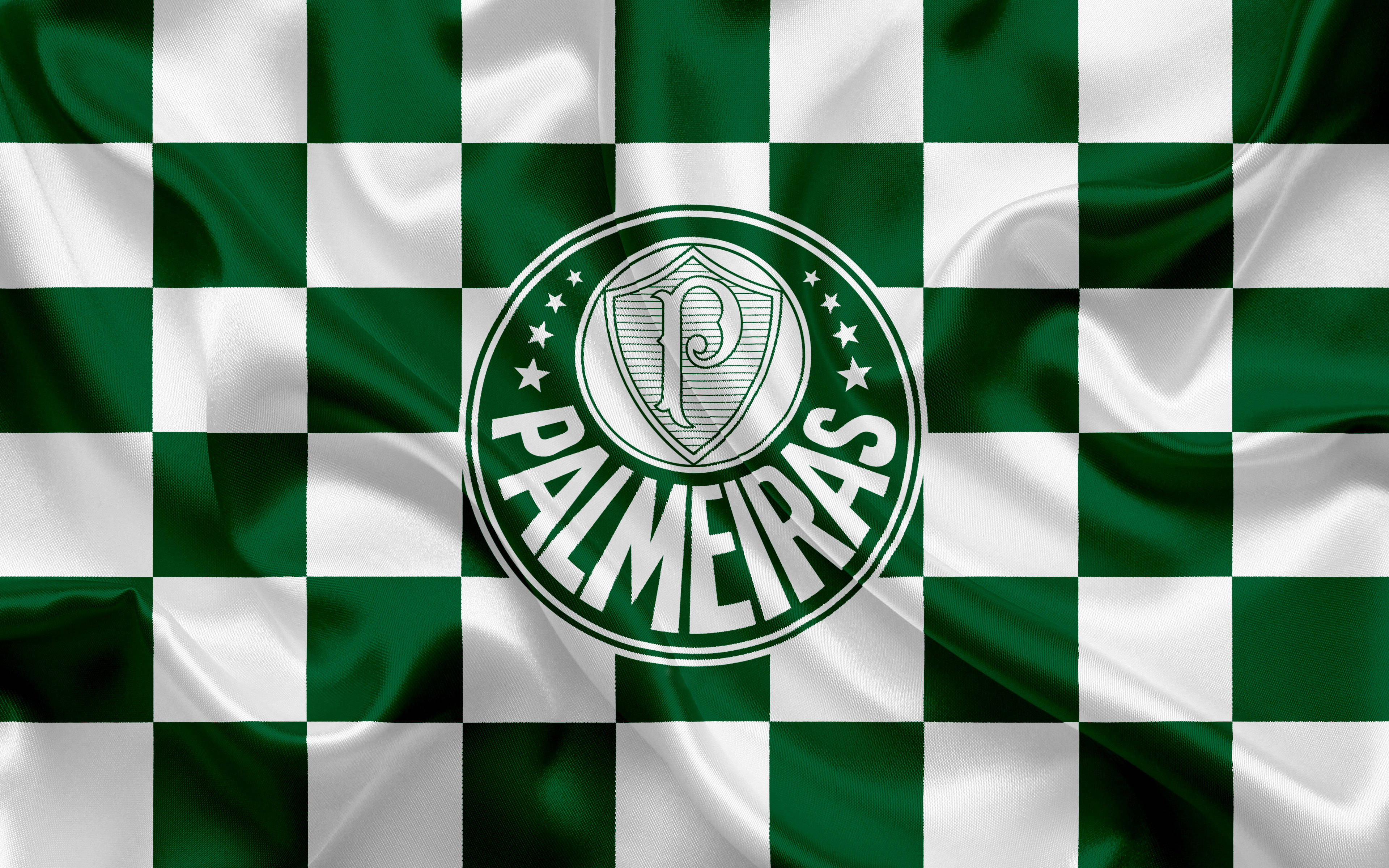 Palmeiras 桌布 壁紙 — 一面飄揚的綠色和白色格子旗，帶有帕爾梅拉斯隊徽，包含風格化的P和星星。