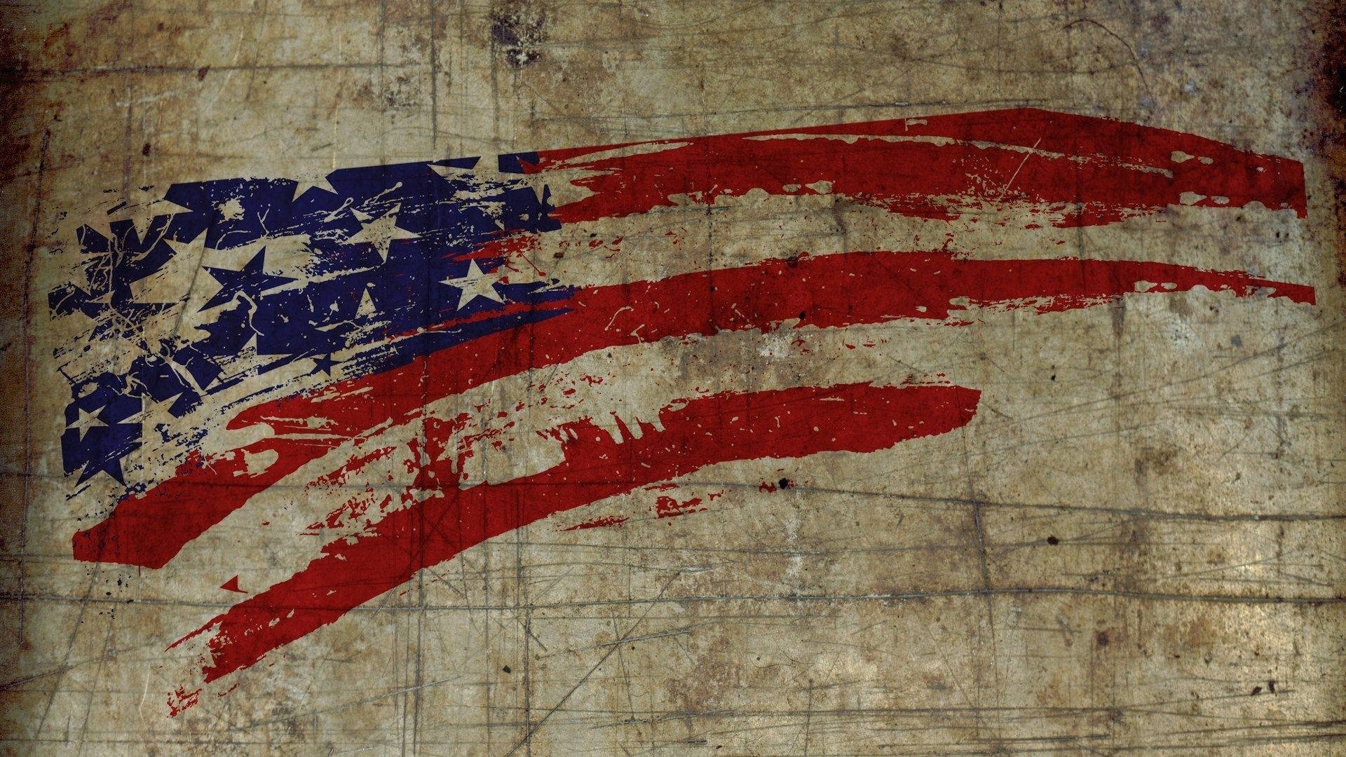 American 桌布 壁紙 — 一面飽經風霜的美國國旗，以鮮明的紅、白、藍色繪製在刮花的老化金屬表面上。