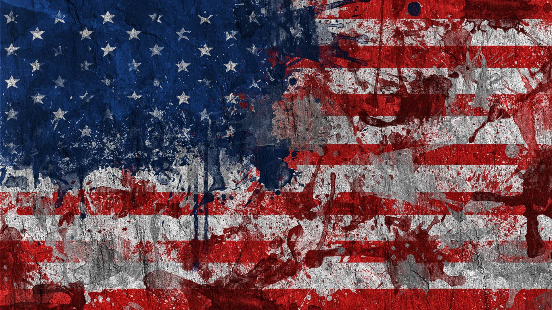 American 桌布 壁紙 — 一面飽經風霜的美國國旗，帶有飛濺的紅色油漆和裂紋紋理，喚起一種粗獷的愛國美學。