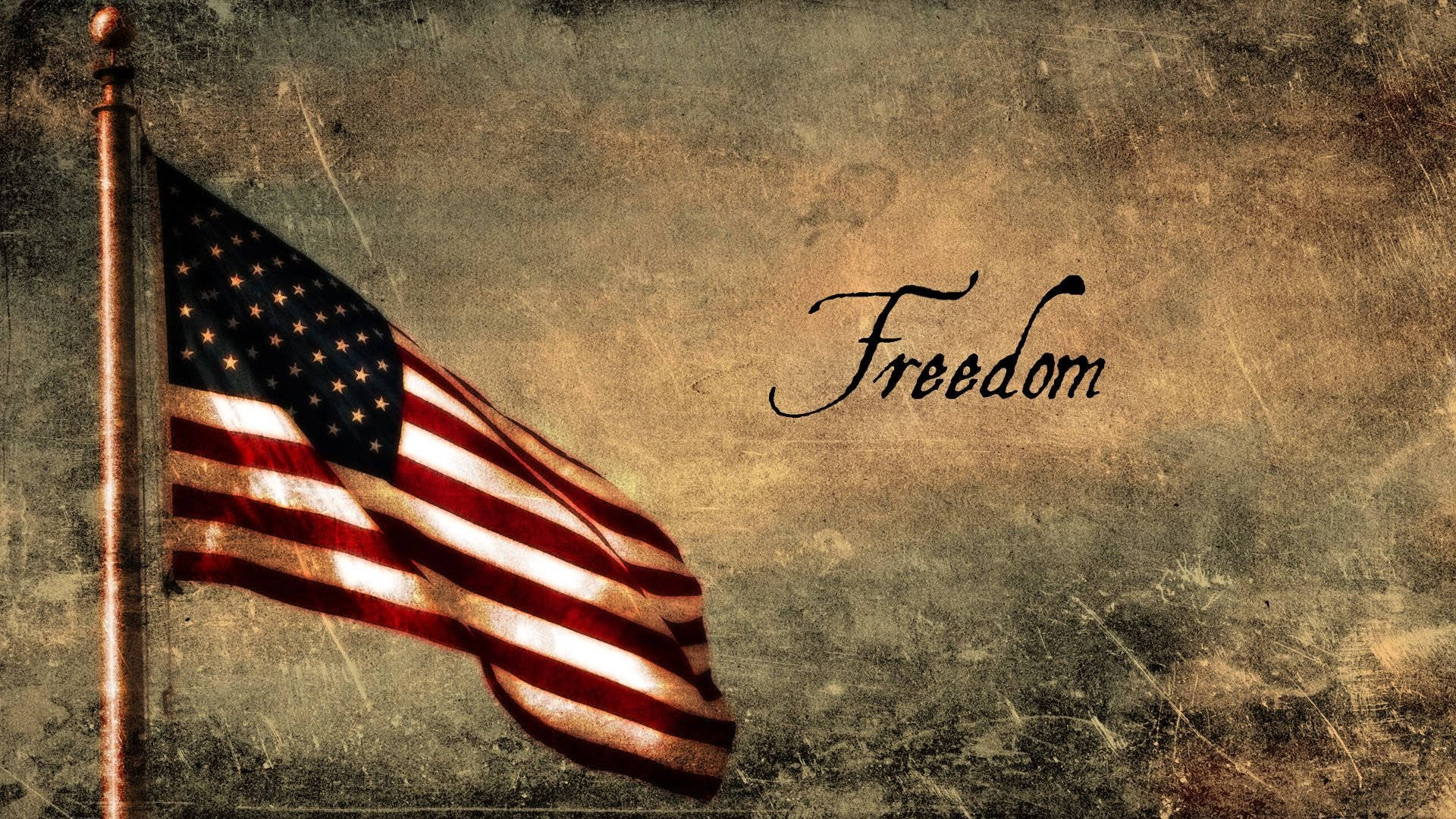 美國國旗，在磨損的背景上以草書寫有「Freedom」。 — 美國國旗 GIF 壁紙