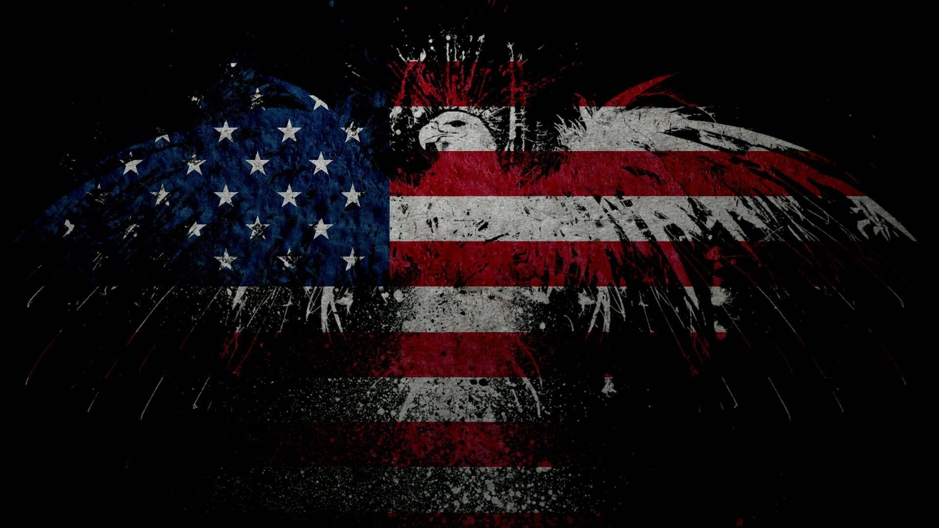 Military American Flag 桌布 壁紙 — 一面骯髒的美國國旗在黑色背景上形成禿鷹的翅膀，帶有飛濺的油漆效果。