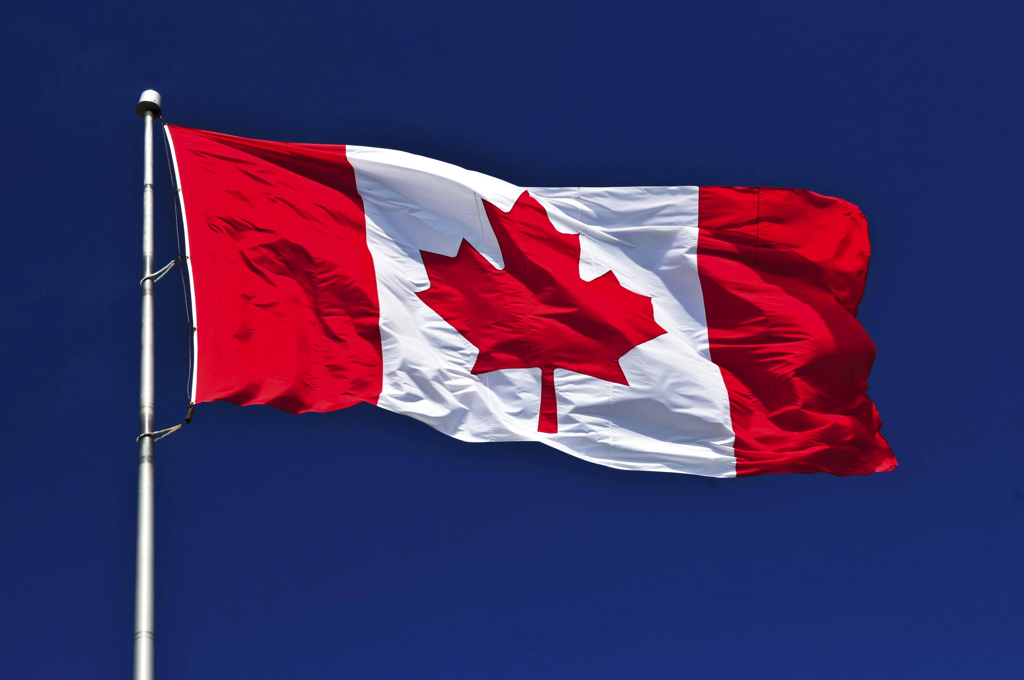 Canada Flag 桌布 壁紙 — 一面鮮豔的加拿大國旗，帶有紅色楓葉，在深藍色的天空中驕傲地飄揚。