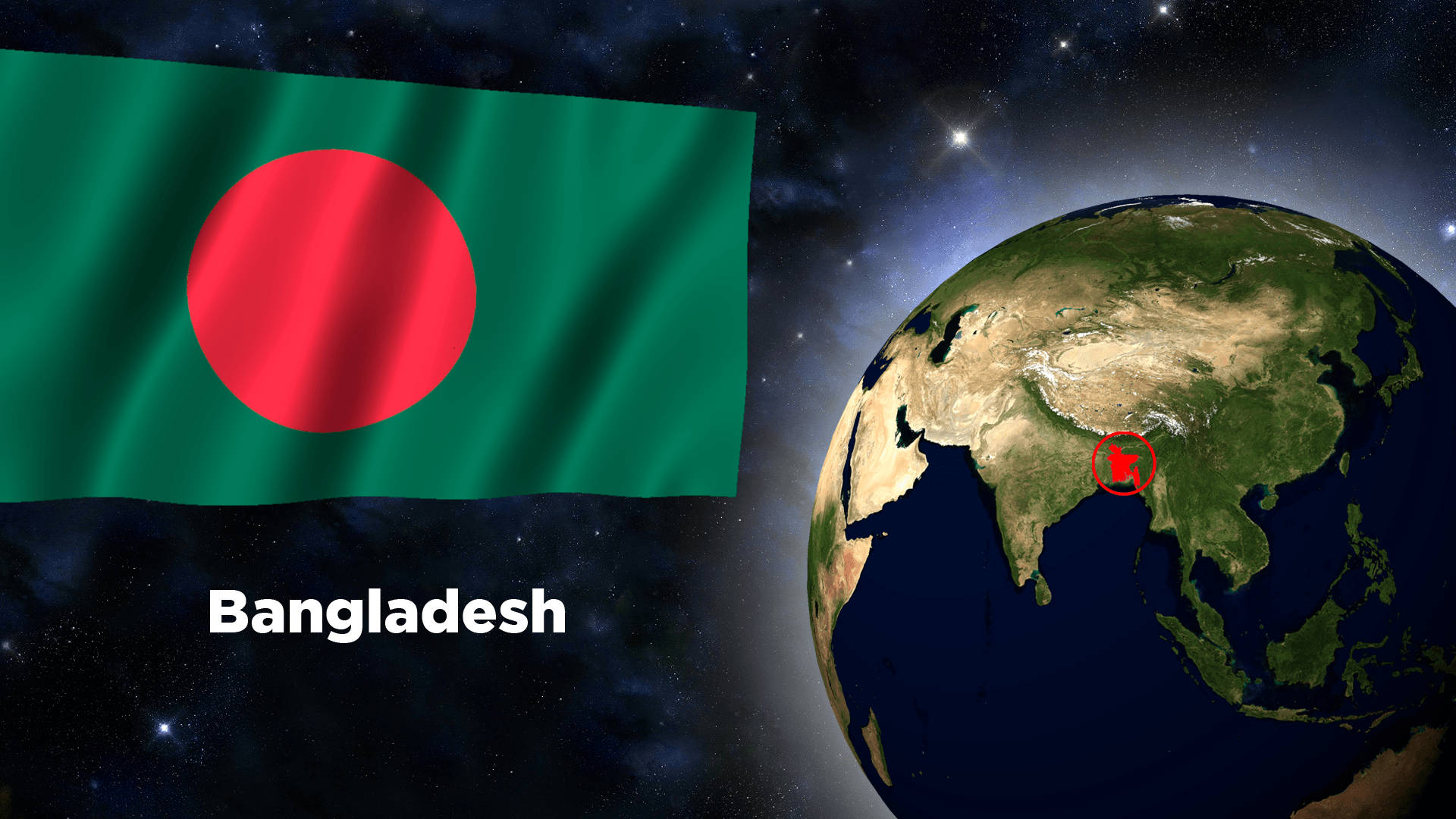Bangladesh 桌布 壁紙 — 一面鮮豔的孟加拉國旗在詳細的地球儀旁飄揚，地球儀上以紅色標記突出顯示孟加拉國，背景是星光燦爛的宇宙。