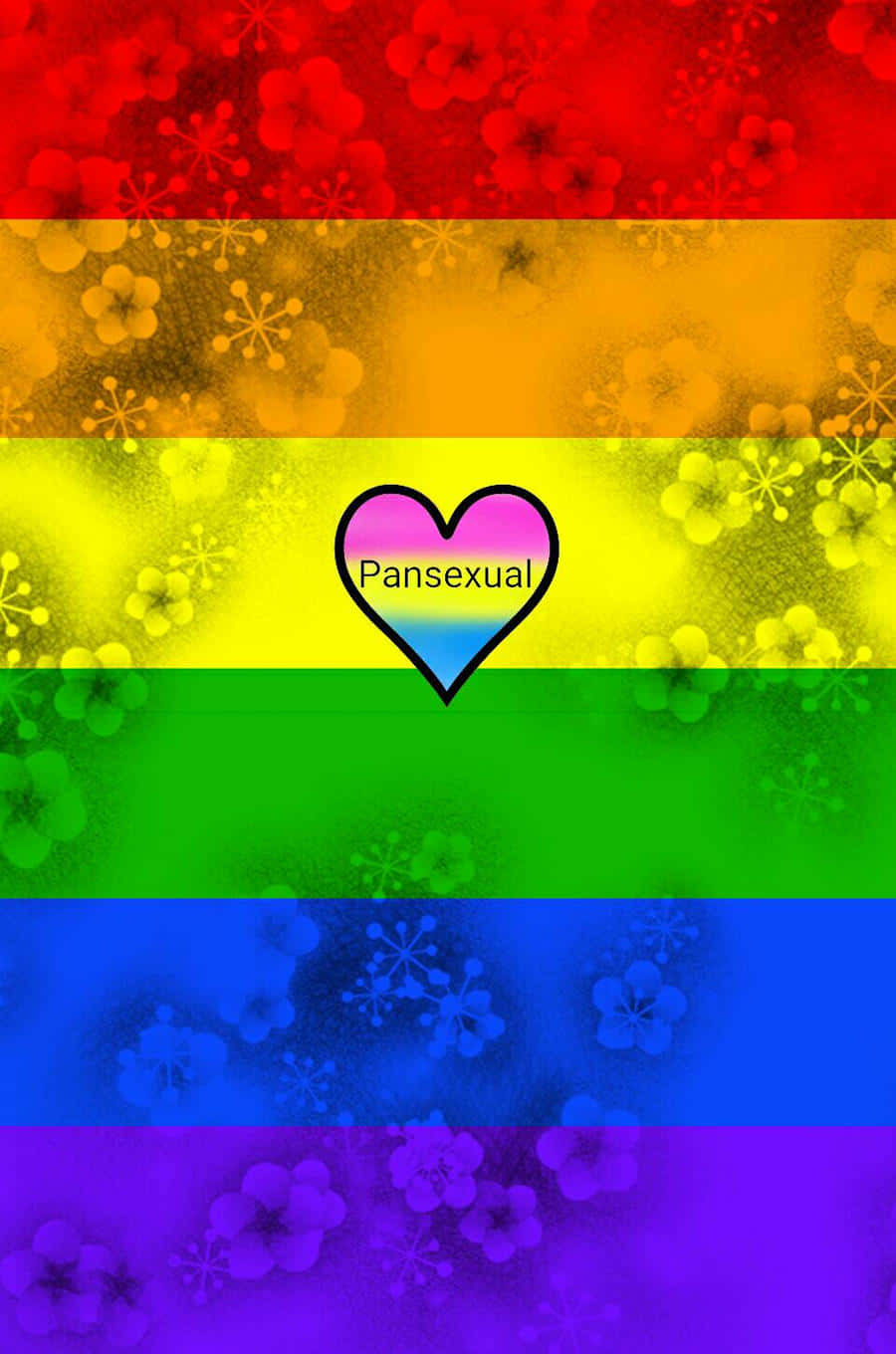 Pansexual 桌布 壁紙 — 一面鮮豔的彩虹旗，上面有一個標有「泛性戀」的多色心形，置於花卉散景圖案中央。