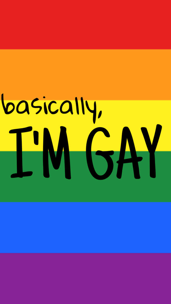 Im Gay 桌布 壁紙 — 一面鮮豔的彩虹旗，中間條紋上有粗體黑色文字寫著 basically i'm gay。