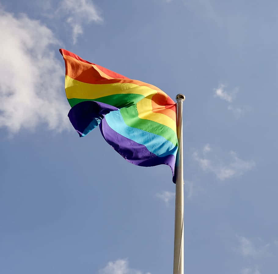 LGBT 桌布 壁紙 — 一面鮮豔的彩虹旗在藍天白雲下驕傲地飄揚。