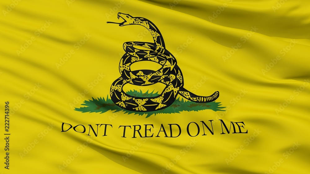 Gadsden Flag 桌布 壁紙 — 一面鮮黃色的旗幟，上面有條盤繞的黑黃色蛇在綠草上，並有文字「dont tread on me」在風中飄揚。