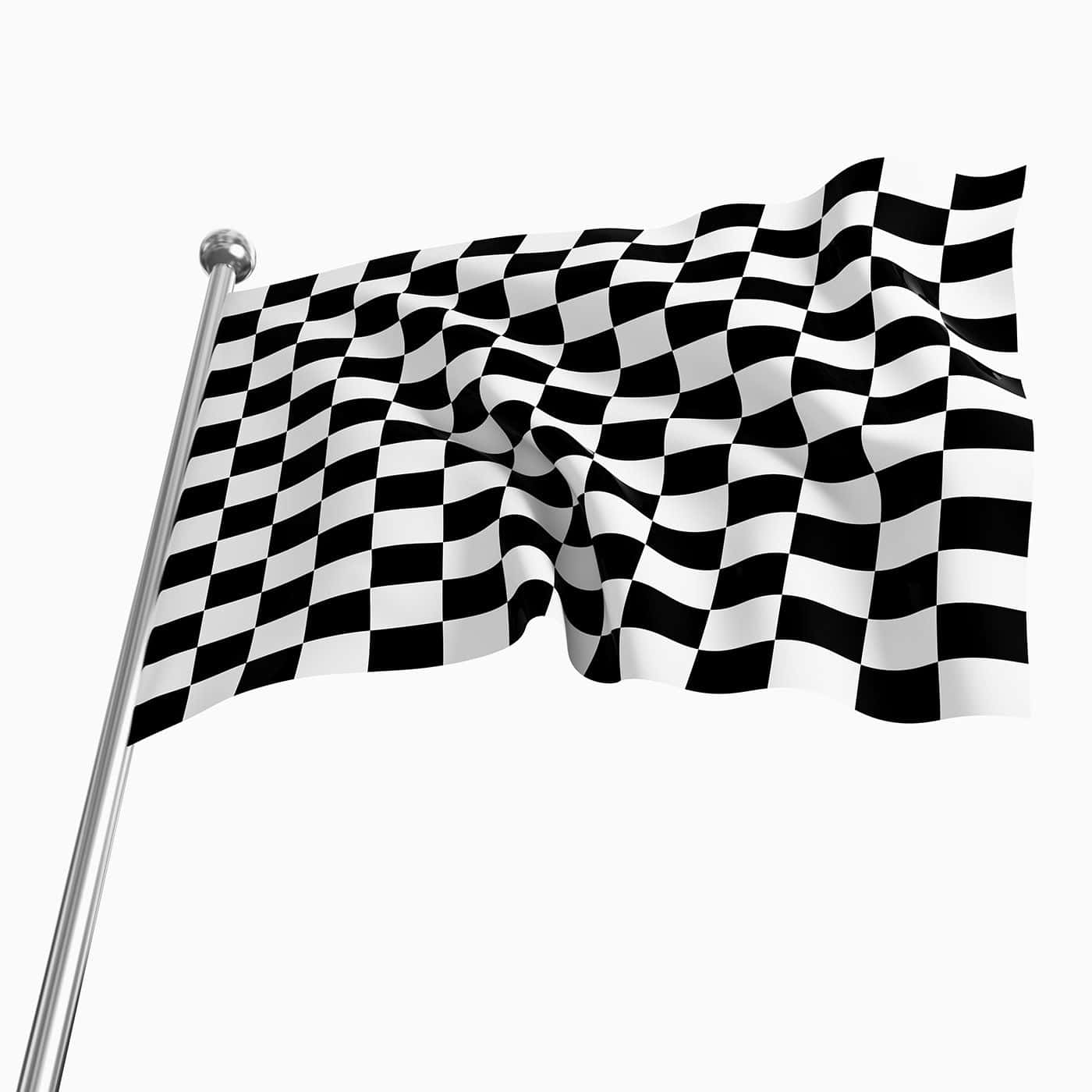 Checkered Flag 桌布 壁紙 — 一面黑白方格賽車旗在銀色旗桿上動態飄揚，背景為純白色。