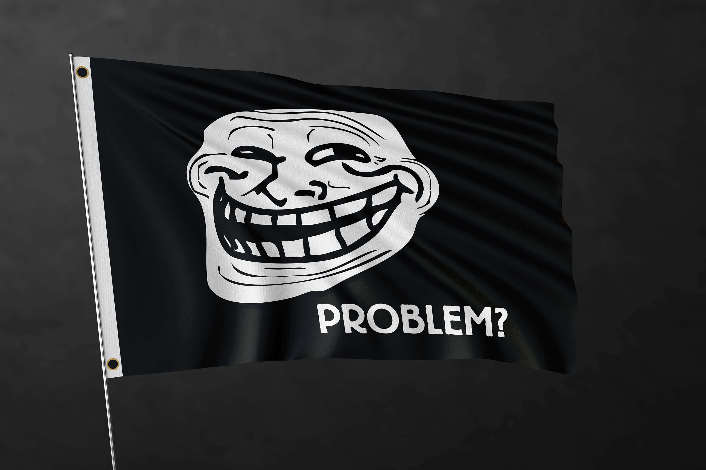 Troll 桌布 壁紙 — 一面黑色旗幟，上面有白色 troll 臉和文字 problem?，在深灰色背景上飄動。
